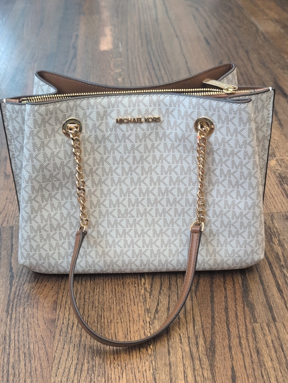 Michael Kors White Logo Tote with Brown Trim and Gold Chain Straps